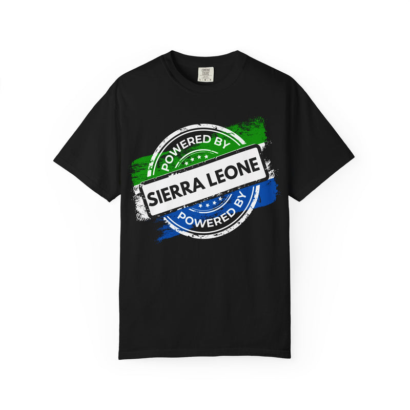 Powered By Sierra Leone stamp design in green white and blue on a black t-shirt, flat lay on a white background