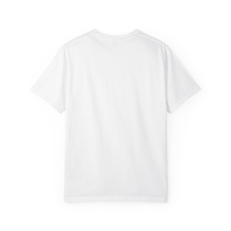 from a three quarter angle, Powered By Jollof Rice stamp design with a white Africa map silhouette on a black t-shirt