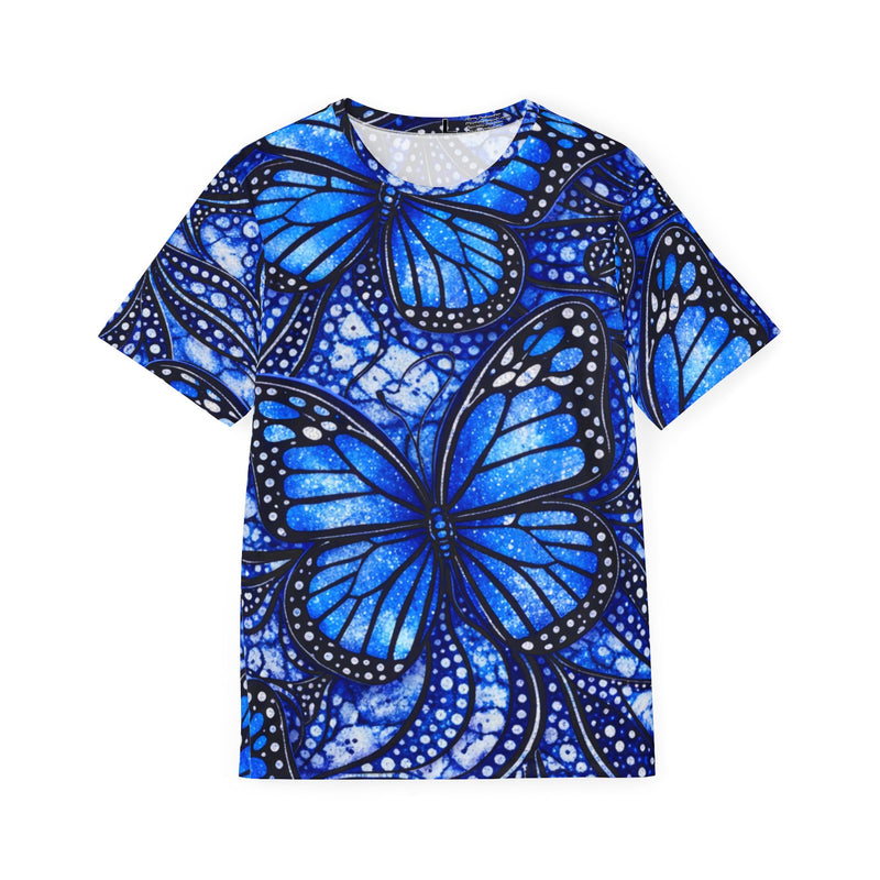 Model shown in side profile, wearing a sports jersey featuring a large blue monarch butterfly all over print