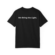 garment dyed t-shirt shown flat, front view featuring a scattered firefly light pattern above The Light Providers text log...
