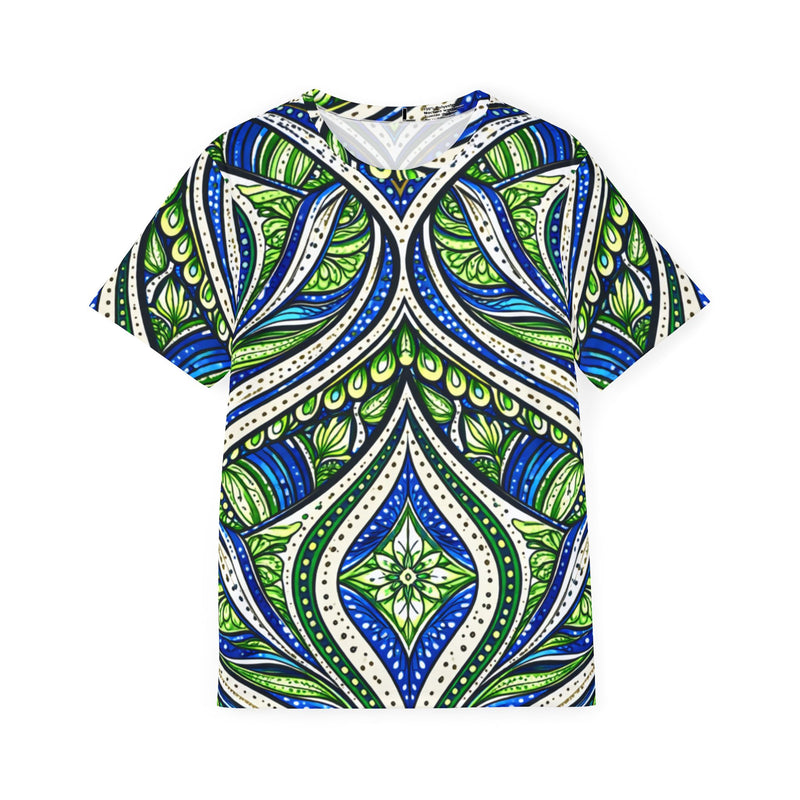 Model shown in side profile, wearing a t-shirt featuring an all over green white and blue Ankara style leaf pattern