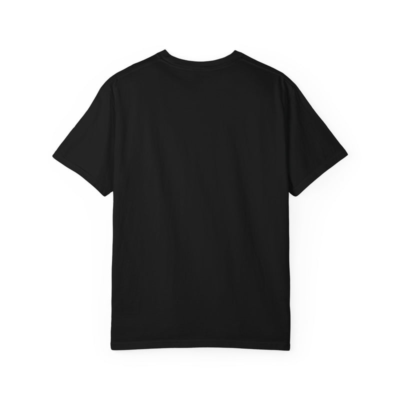 black t-shirt shown flat, blank back view