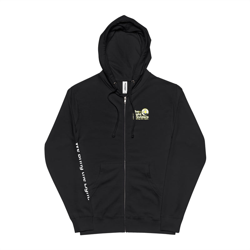 Model shown in side profile, wearing a black zip hoodie featuring The Light Providers logo patch on the chest and We Bring...