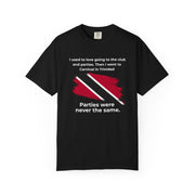 from a three quarter angle, Trinidad Carnival quote design with a red white and black Trinidad and Tobago flag brushstroke...