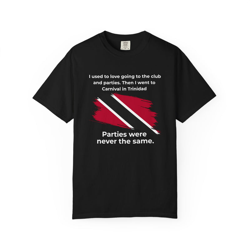 from a three quarter angle, Trinidad Carnival quote design with a red white and black Trinidad and Tobago flag brushstroke...