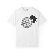 in side profile, Powered By Afrobeats stamp design with a white Africa map silhouette on a black t-shirt