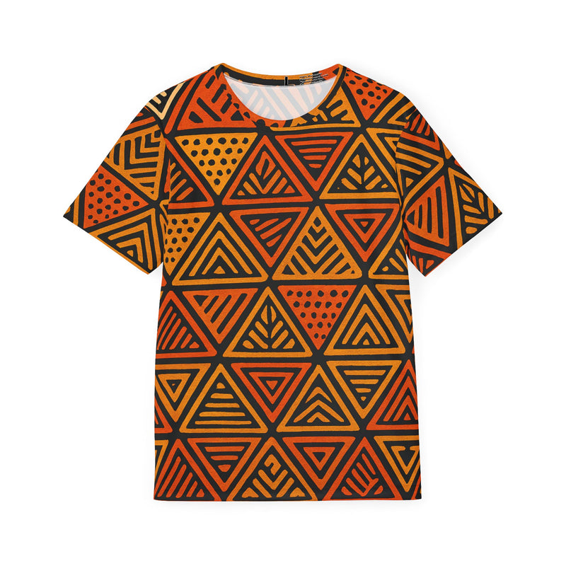 Person wearing a sports jersey featuring an all over geometric triangle mudcloth inspired pattern in orange, black, and gold