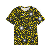 Model shown in side profile, wearing a sports jersey featuring an all over scattered light and firefly glow pattern in yel...