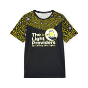 Model shown in side profile, wearing a sports jersey featuring a scattered firefly light pattern with The Light Providers ...