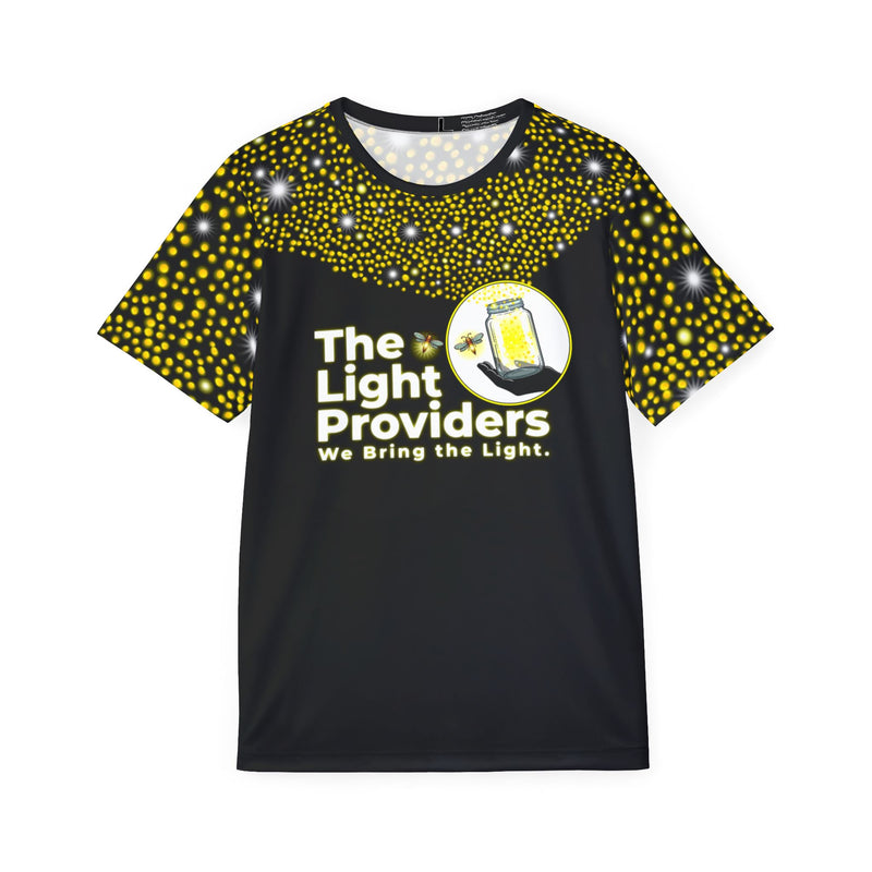 Model shown in side profile, wearing a sports jersey featuring a scattered firefly light pattern with The Light Providers ...