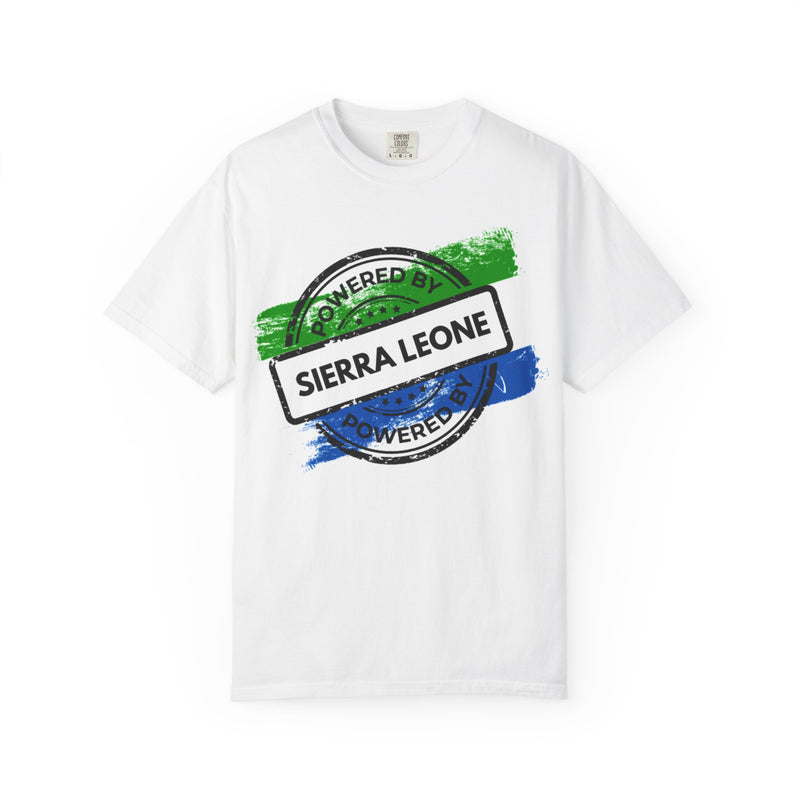 Powered By Sierra Leone stamp design in green white and blue on a black t-shirt, flat lay on a white background