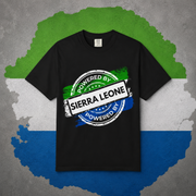 Powered By Sierra Leone stamp design in green white and blue on a black t-shirt, styled flat lay
