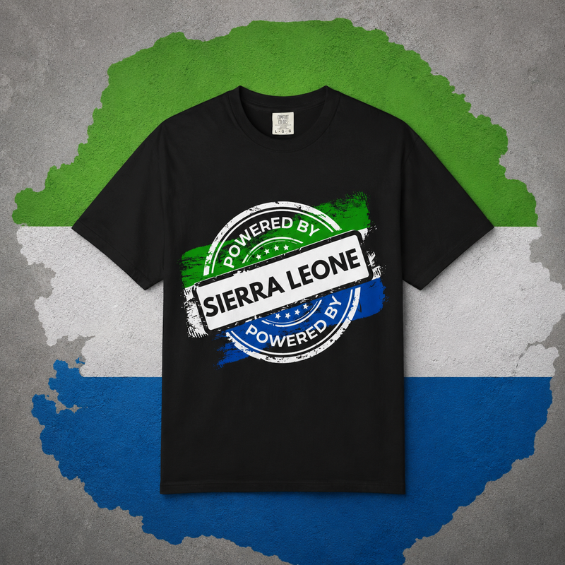 Powered By Sierra Leone stamp design in green white and blue on a black t-shirt, styled flat lay