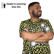 Model shown from the front, wearing a sports jersey featuring an all over scattered light and firefly glow pattern in yell...