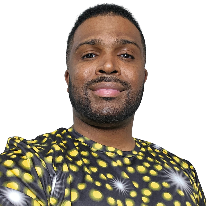 Model shown close up, wearing a sports jersey featuring an all over scattered light and firefly glow pattern in yellow and...