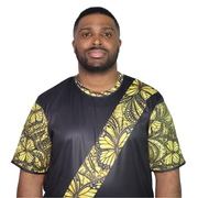 Model shown with arms crossed, wearing a t-shirt featuring a yellow monarch butterfly Ankara style print sash across a bla...