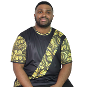 Model shown with hand on hip, wearing a t-shirt featuring a yellow monarch butterfly Ankara style print sash across a blac...