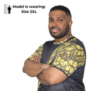 Model shown in a detail view of the print, wearing a t-shirt featuring a yellow monarch butterfly Ankara style print sash ...