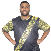 Model shown in side profile, wearing a t-shirt featuring a yellow monarch butterfly Ankara style print sash across a black...