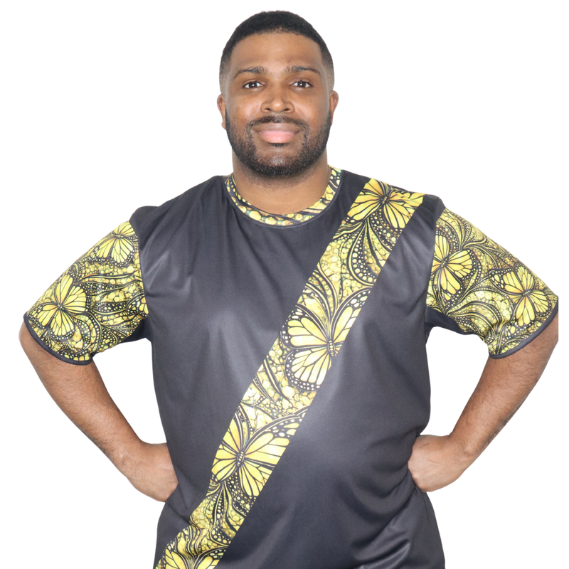 Model shown in side profile, wearing a t-shirt featuring a yellow monarch butterfly Ankara style print sash across a black...