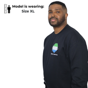 Model shown with arms crossed, wearing a black crewneck sweatshirt featuring a Sierra Leone text and country outline map p...