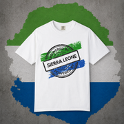 Powered By Sierra Leone stamp design in green white and blue on a black t-shirt, styled flat lay
