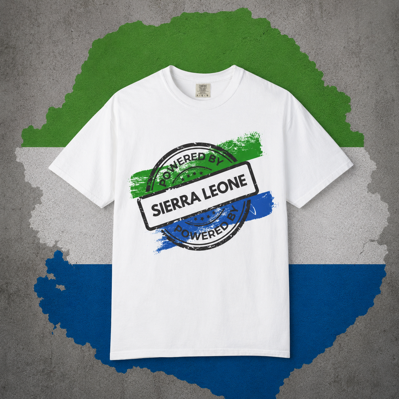 Powered By Sierra Leone stamp design in green white and blue on a black t-shirt, styled flat lay