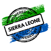 Powered By Sierra Leone stamp design in green white and blue, close up isolated graphic