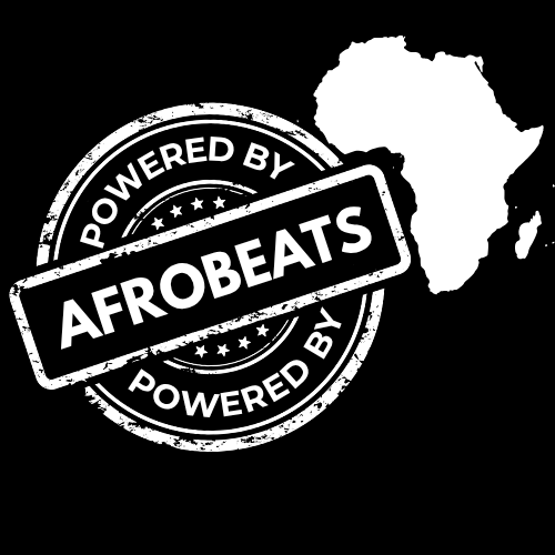 close up, Powered By Afrobeats stamp design with a white Africa map silhouette on a black t-shirt
