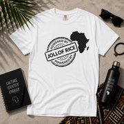 Powered By Jollof Rice stamp design with a white Africa map silhouette on a black t-shirt, styled product photo