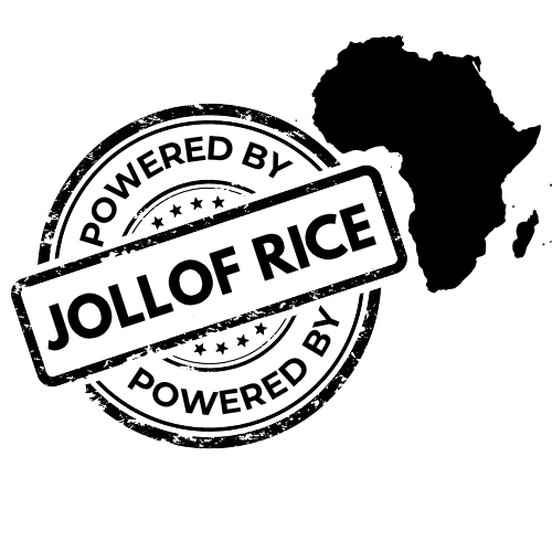 close up, Powered By Jollof Rice stamp design with a white Africa map silhouette on a black t-shirt