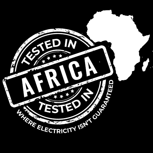 close up, Tested In Africa stamp design with a white Africa map silhouette on a black t-shirt