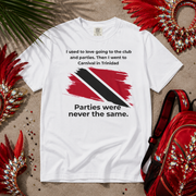 Trinidad Carnival quote design with a red white and black Trinidad and Tobago flag brushstroke graphic on a black t-shirt,...