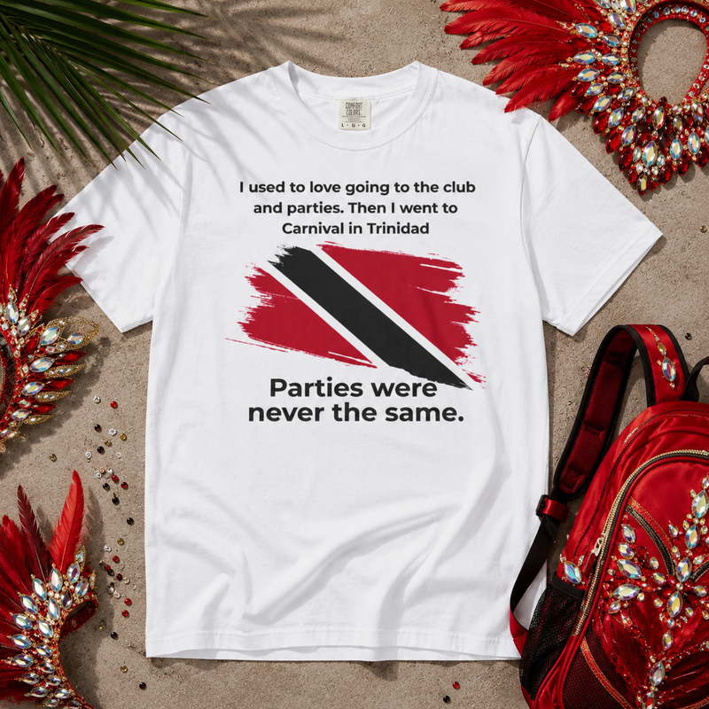 Trinidad Carnival quote design with a red white and black Trinidad and Tobago flag brushstroke graphic on a black t-shirt,...