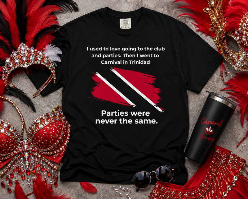 Trinidad Carnival quote design with a red white and black Trinidad and Tobago flag brushstroke graphic on a black t-shirt,...