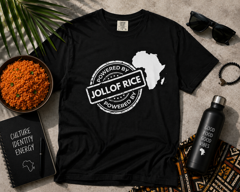 close up, Powered By Jollof Rice stamp design with a white Africa map silhouette on a black t-shirt