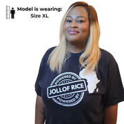 looking to the side, Powered By Jollof Rice stamp design with a white Africa map silhouette on a black t-shirt