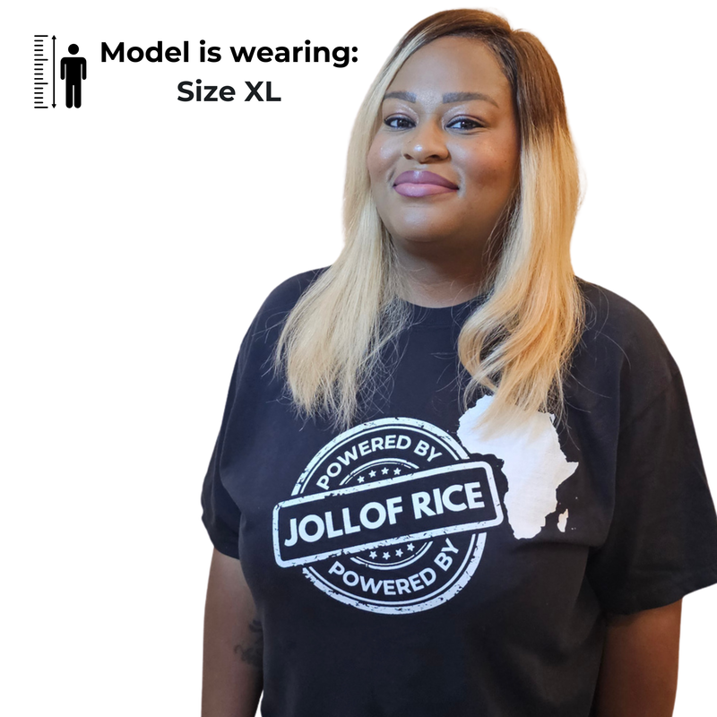 looking to the side, Powered By Jollof Rice stamp design with a white Africa map silhouette on a black t-shirt