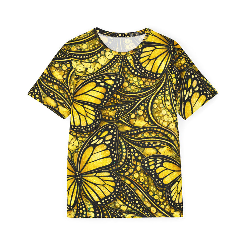 Person wearing a sports jersey featuring a dense gold and black monarch butterfly all over print