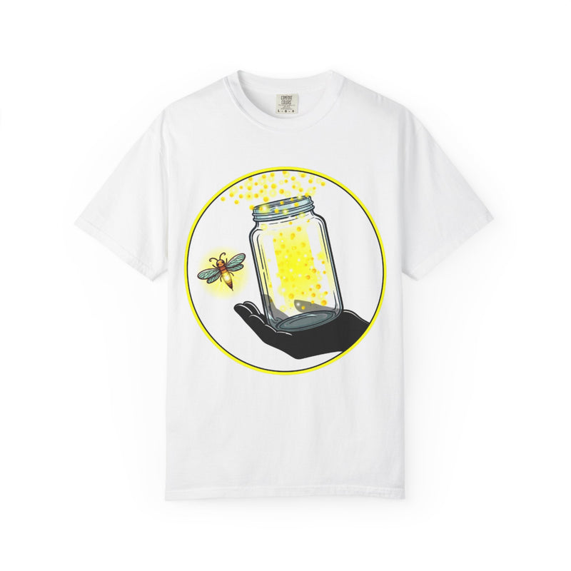 Model shown in side profile, wearing a garment dyed t-shirt featuring The Light Providers logo and firefly jar graphic in ...