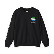 Model shown in side profile, wearing a black crewneck sweatshirt featuring a Sierra Leone text and country outline map pri...