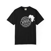 in side profile, Tested In Africa stamp design with a white Africa map silhouette on a black t-shirt
