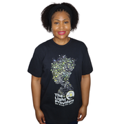 Woman wearing a black t-shirt with a graphic design and text on a white background