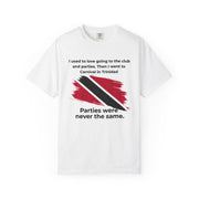 in side profile, Trinidad Carnival quote design with a red white and black Trinidad and Tobago flag brushstroke graphic on...