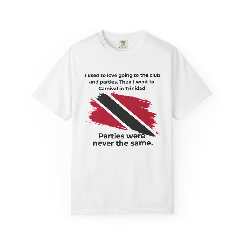 in side profile, Trinidad Carnival quote design with a red white and black Trinidad and Tobago flag brushstroke graphic on...