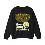 Black sweatshirt with 'The Light Providers' graphic design on a white background