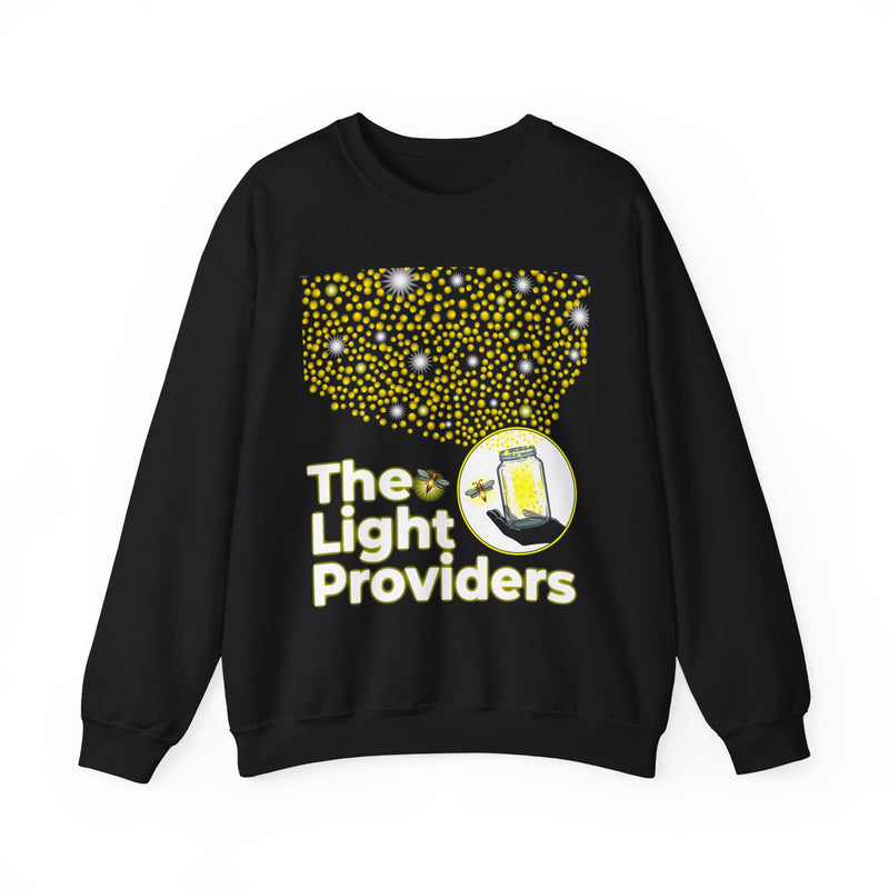 Black sweatshirt with 'The Light Providers' graphic design on a white background