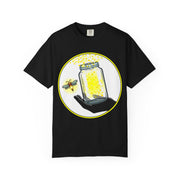 Model shown from a three quarter angle, wearing a garment dyed t-shirt featuring The Light Providers logo and firefly jar ...