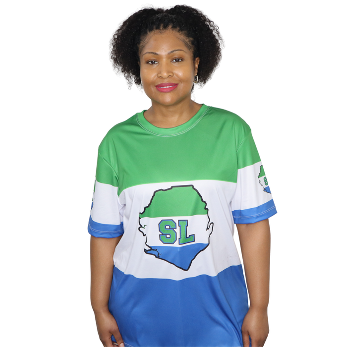 Woman wearing a green, white, and blue Sierra Leone sports jersey with a logo on a white background
