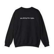 Black sweatshirt with 'We Bring the Light' text on the back against a white background